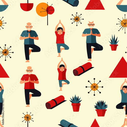 Retro-inspired seamless pattern illustration featuring diverse people, children and seniors, practicing yoga tree pose for wellness and healthy living.