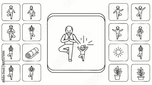 Intergenerational yoga icons: Grandparent and child in tree pose, surrounded by diverse yoga asanas, mats, and wellness symbols for health, balance, and mindful living.