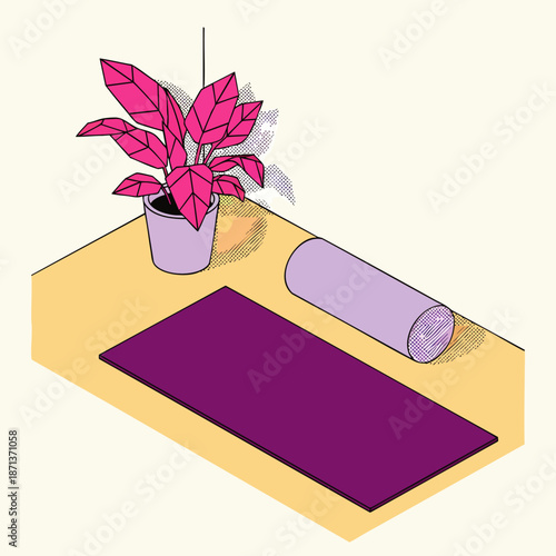 Isometric illustration of a home yoga and meditation space with a purple mat, bolster, and pink potted plant, promoting wellness, relaxation, and healthy lifestyle practices indoors.