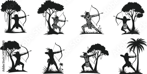 Tribal archers silhouette, jungle setting, bow and arrow pose, cultural warrior stance, forest hunting scene, traditional attire illustration