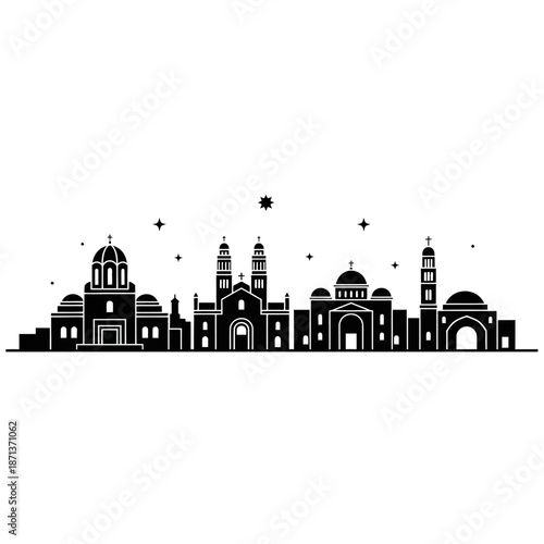 Black silhouette of a city skyline with domes and stars above