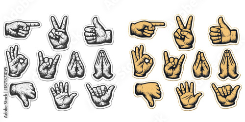 Cut out hand emoji gestures set. Various halftone hands signs vintage dotted stickers. Modern retro vector illustration for mixed media design, collage and scrapbook isolated on transparent background