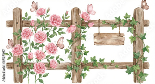 A watercolor vector illustration of a section of rustic wooden fence.