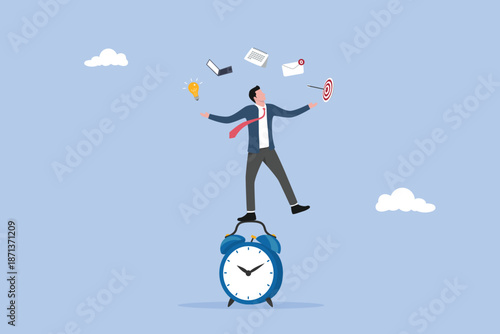 Productive master, skillful businessman on top of alarm juggling elements, laptop, calendar, ideas and emails, productivity and project management skill, multitasking work and time management concept.