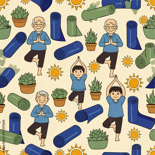 Joyful seamless pattern showing seniors and children doing yoga tree pose, with mats, succulents, and sun icons, promoting health, wellness, and mindfulness.