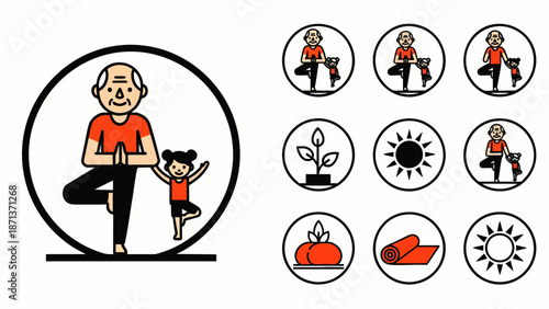 Family yoga icons featuring a grandfather and granddaughter practicing tree pose, promoting wellness, health, and a balanced lifestyle through exercise and mindfulness.