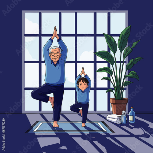Happy grandfather and young child doing yoga tree pose indoors, fostering intergenerational health, wellness, and family connection through mindful exercise.