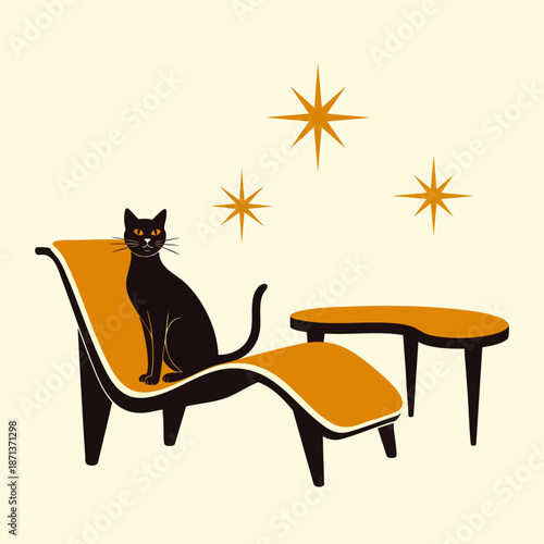 Stylish black cat lounging on a retro mid-century modern chaise chair with atomic starbursts, a cool vintage interior design illustration.