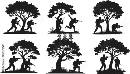 Soldier silhouette, tactical movement, rifle, tree cover, military training, combat pose, patrol scene, grassy terrain, armed duo, warfare action