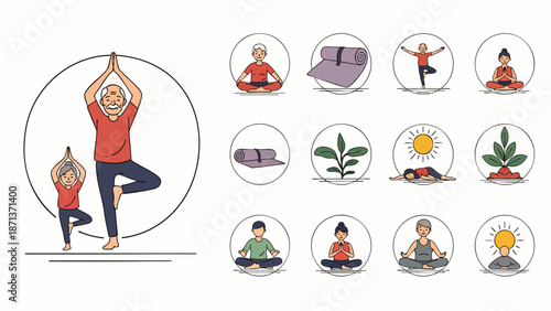 Yoga and Meditation Icons Set with People Practicing Poses, Mindfulness, and Wellness Activities for Health and Inner Peace