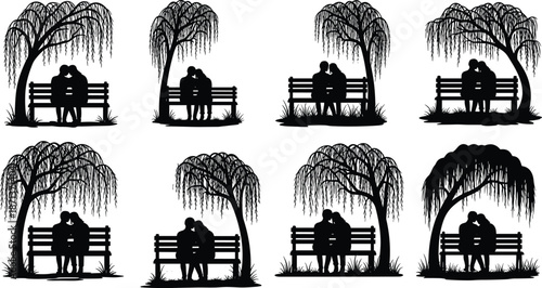Couple silhouette, park bench, willow tree, romantic pose, love scene, nature, grass, embrace, peaceful moment, outdoor companionship, foliage