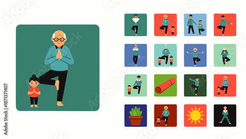 Intergenerational Yoga Session: Grandfather and Grandchild Practicing Tree Pose Together, Promoting Wellness, Healthy Lifestyle, and Family Bonding