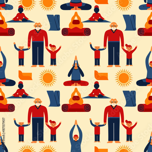 Seamless pattern of diverse people practicing yoga and meditation for health and wellness. Flat vector illustration of mindful lifestyle and spiritual balance.