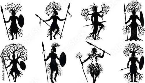 Fantasy tree warriors silhouette set, nature spirits with spears and shields, mythical forest guardians, tribal combat poses, vector illustration