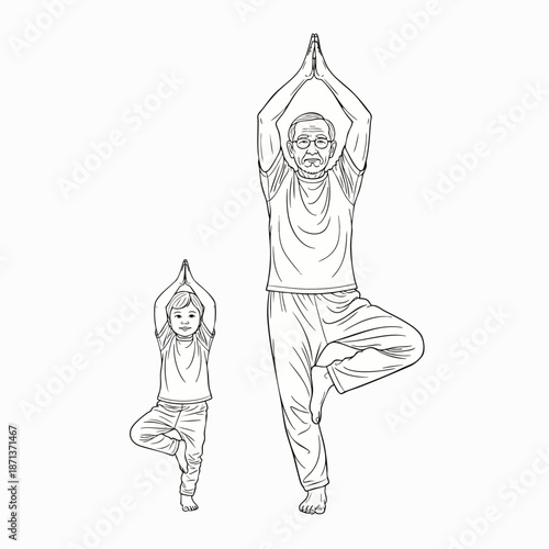 Grandfather and child practicing yoga tree pose together, a black and white line art illustration depicting intergenerational wellness and balance.