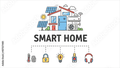 Smart home web banner icons. Minimal vector infographic with security, smart house, IoT, energy management, voice assistant, lighting, and smart AC