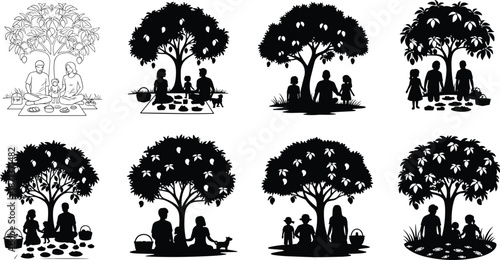 Family picnic silhouette, tree with fruit, parents and child, outdoor bonding, pet dog, picnic basket, nature, food, peaceful scene