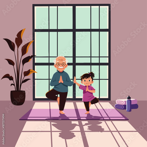 Happy grandfather and granddaughter practicing yoga together at home, doing tree pose on a mat, promoting wellness and active lifestyle.