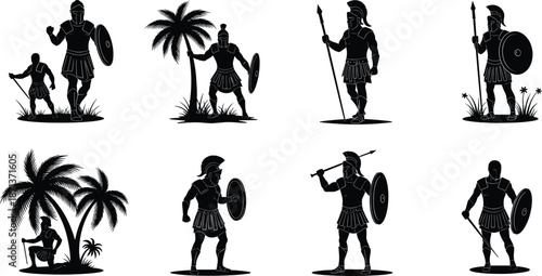 Ancient warrior silhouette, Greek soldier, Roman fighter, tropical battlefield, shield, spear, helmet, tunic, palm tree, historical combat scene