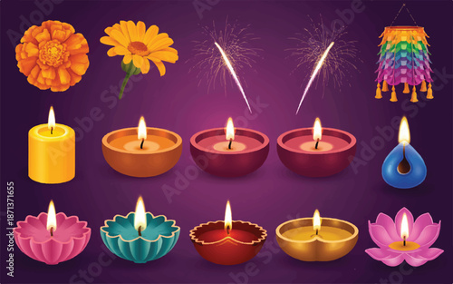 Diwali festival lights and decorations with candles flowers and fireworks