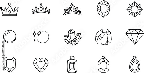 Jewelry and precious stone icons set including crowns, diamonds, and pearls