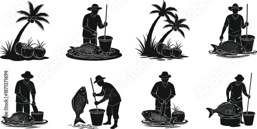 Tropical fishing silhouette, fisherman with rod, island life, palm trees, big fish, coastal scene, traditional fishing, bucket, hat, coconut