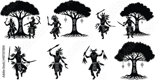 Native American warrior silhouettes, sacred tribal trees, tomahawk poses, feathered headdress, spiritual symbols, cultural heritage, traditional combat, ceremonial art