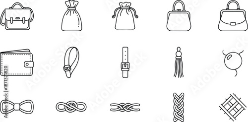 Collection of monochrome line art icons featuring fashion accessories and textile details