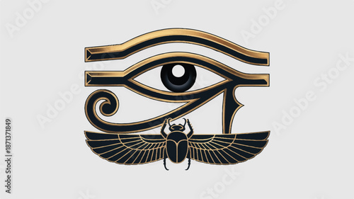 Egyptian eye of horus symbol with scarab beetle gold and black