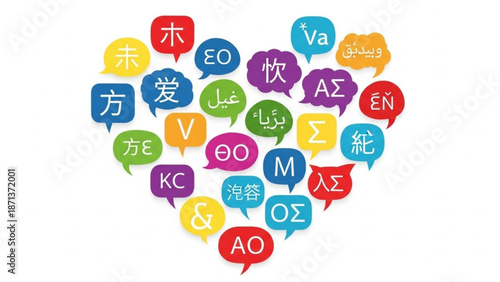 Multicolored speech bubbles in various languages on white background forming heart shape symbolizing global