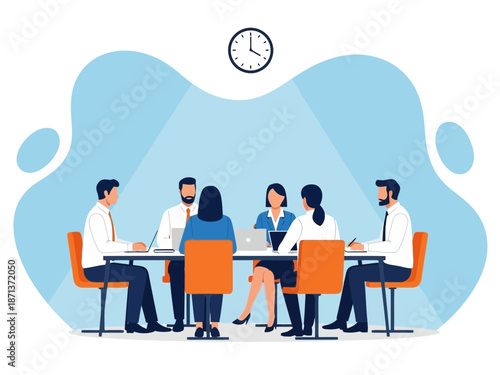 A group of business professionals sitting around a table in a meeting room with a clock on the wall