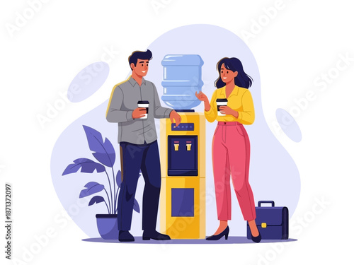 A man and woman talking while standing next to a yellow water cooler with a purple plant and briefcase