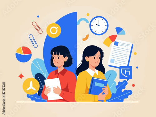 Two women surrounded by office and school supplies in a creative workspace