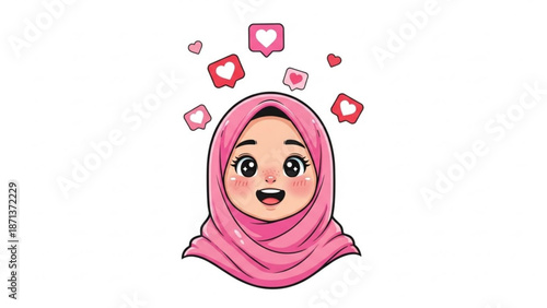 A cheerful cartoon woman wearing a pink hijab with hearts and social media likes surrounding her head