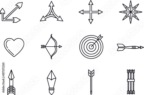 A collection of line icons representing arrows, targets, direction symbols, and related concepts