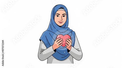 A smiling woman wearing a blue hijab holding a pink heart in her hands with love