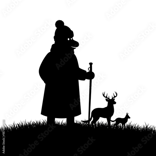 Silhouette of an elderly woman with reindeer and dogs in a field