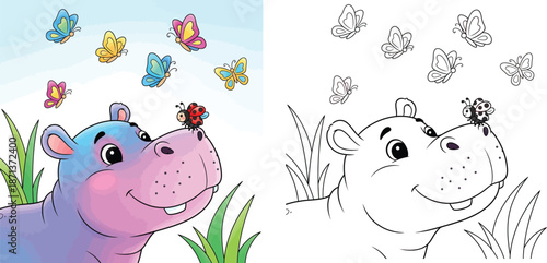 Cute cartoon hippo with ladybug on nose and colorful butterflies, happy animal vector illustration for nursery decor or children book.