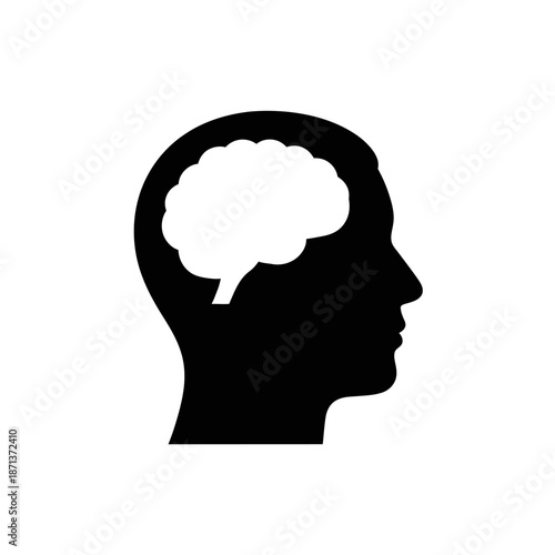 A silhouette of a human head in profile with a visible brain