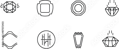 A collection of minimalist line art icons illustrating different jewelry settings and gemstone cuts