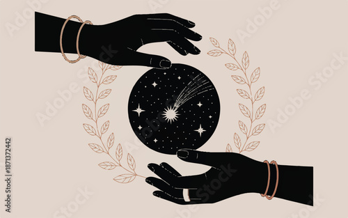 Hands holding a starry night ball with leaves and bracelets