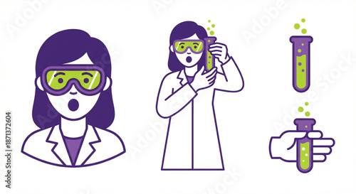 A female scientist wearing large safety goggles, amazed shocked expression with mouth forming an 'O' shape