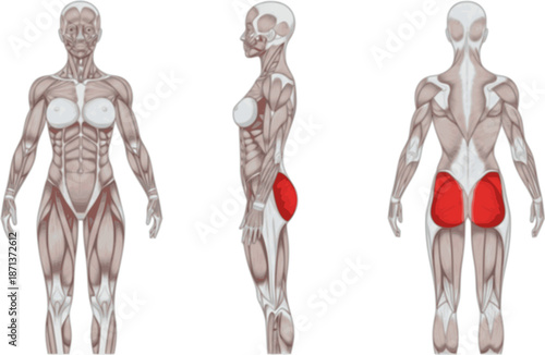 Fitness female muscle anatomy. Slim muscular woman silhouette front, side and back view. Infografic outline scheme poster. Vector illustration.
