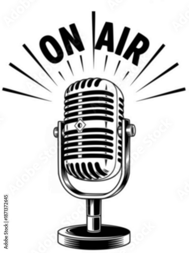 Vintage studio microphone isolated. On the air symbol concept. Black and white monochrome hand drawn vector illustration.
