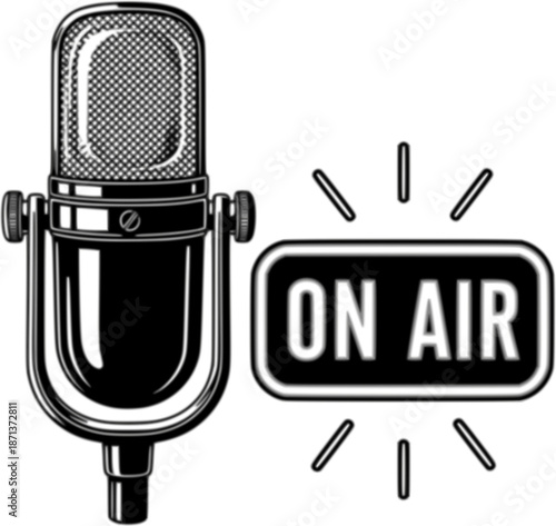 Vintage studio microphone isolated. On the air symbol concept. Black and white monochrome hand drawn vector illustration.
