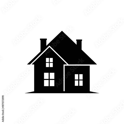Simple black silhouette of a classic house with a chimney and windows