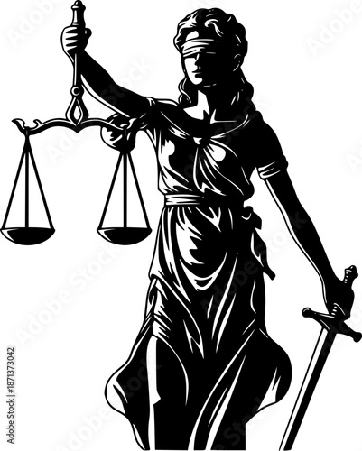 Themis goddess sculpture isolated on white background. Lady justice with scales and sword in hands. Judiciary symbol. Vector illustration.
