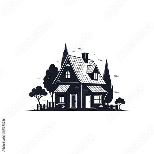A charming black and white illustration of a quaint classic house with trees
