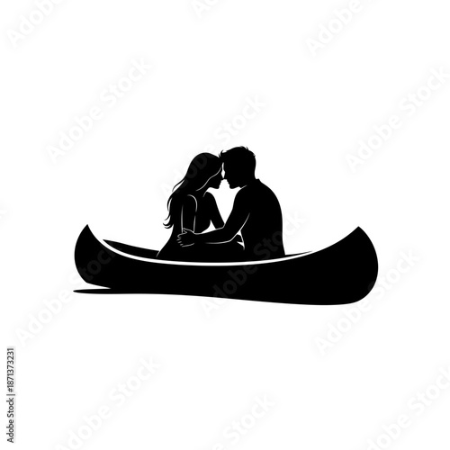 A romantic silhouette of a couple embracing within a small boat