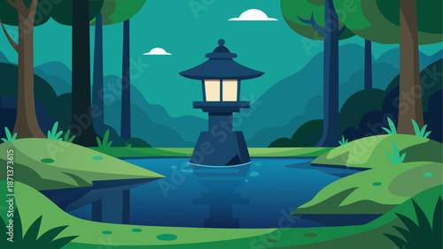 Serene garden lantern by pond